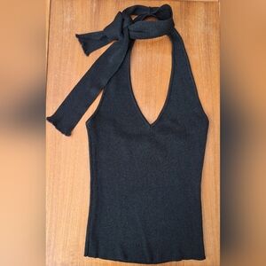bebe Halter Top Scarf Tie Neck Choker Feminine Sexy Shimmery Knit Ribbed Dressy